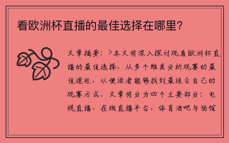 看欧洲杯直播的最佳选择在哪里？